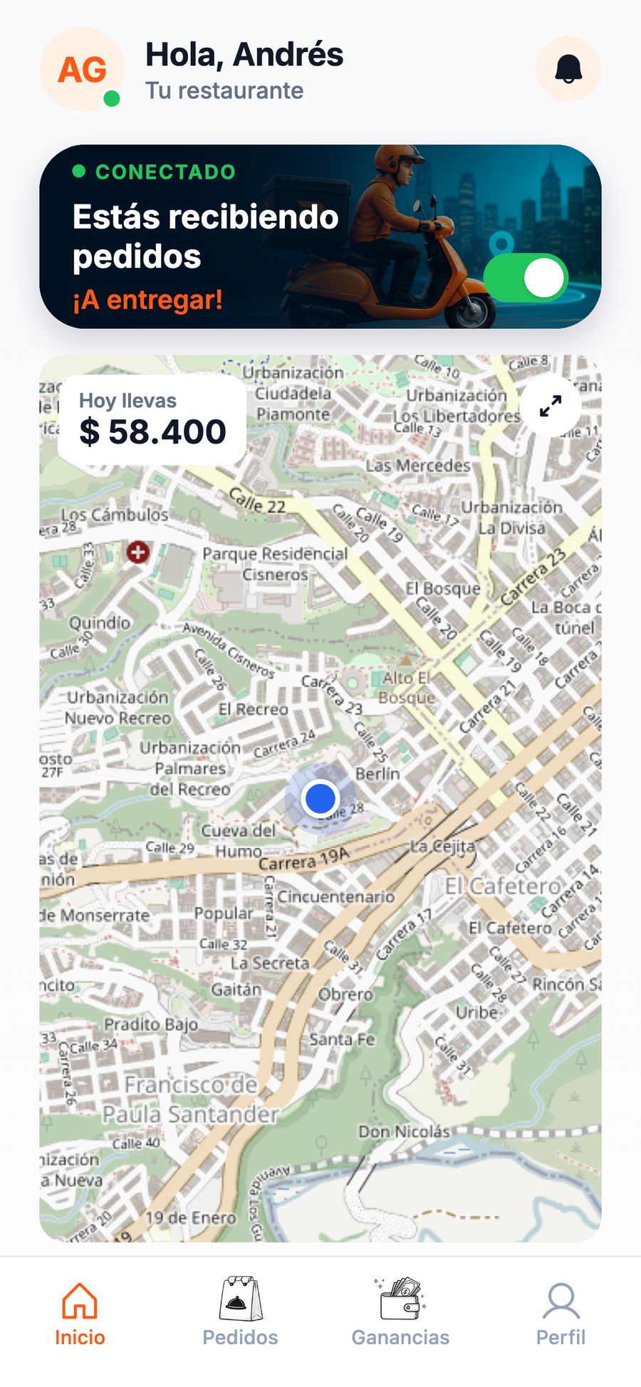 App Twinnx Drive, inicio: conectado y recibiendo pedidos, con el interruptor encendido, lo que llevas hoy y el mapa de tu zona