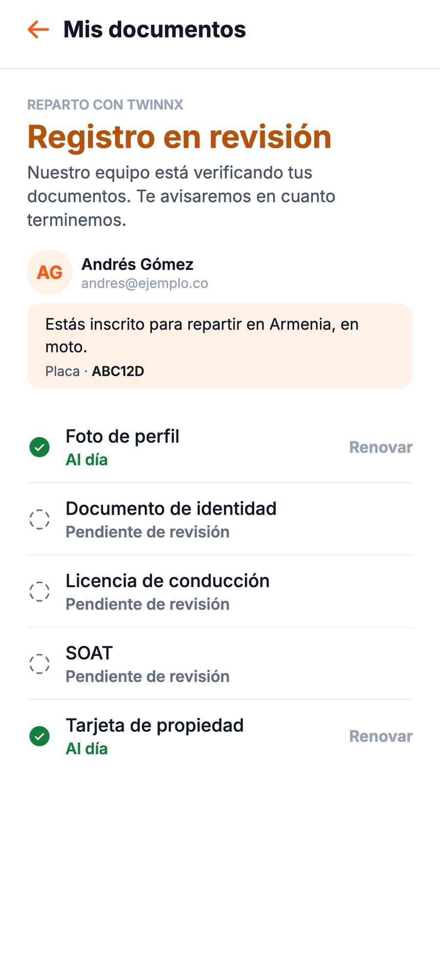 App Twinnx Drive, Mis documentos: registro en revisión, con la foto y la tarjeta de propiedad al día y el resto pendiente de revisión