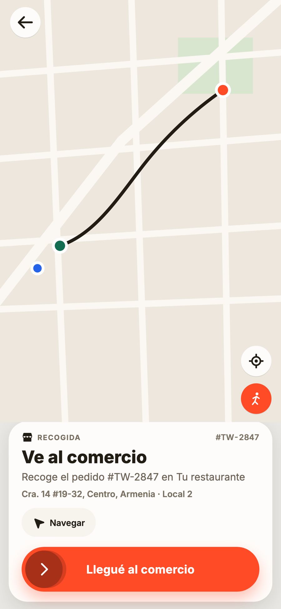 App Twinnx Drive, entrega en curso: ve al comercio, con la dirección, el botón Navegar y el deslizador Llegué al comercio