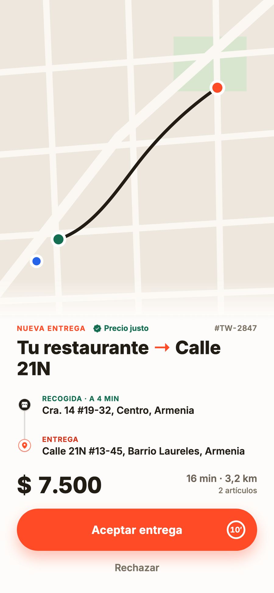 App Twinnx Drive, nueva entrega: recogida y entrega, lo que ganas, el tiempo y la distancia, y los botones Aceptar entrega y Rechazar