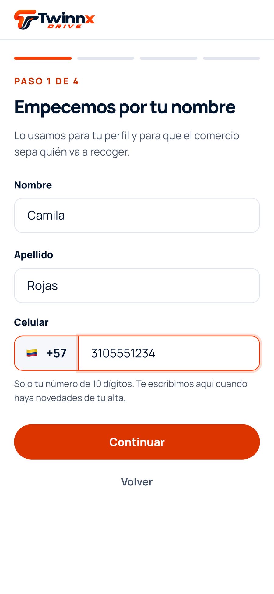 Paso 1 del alta de repartidores en twinnx.com: nombre, apellido y celular con el +57