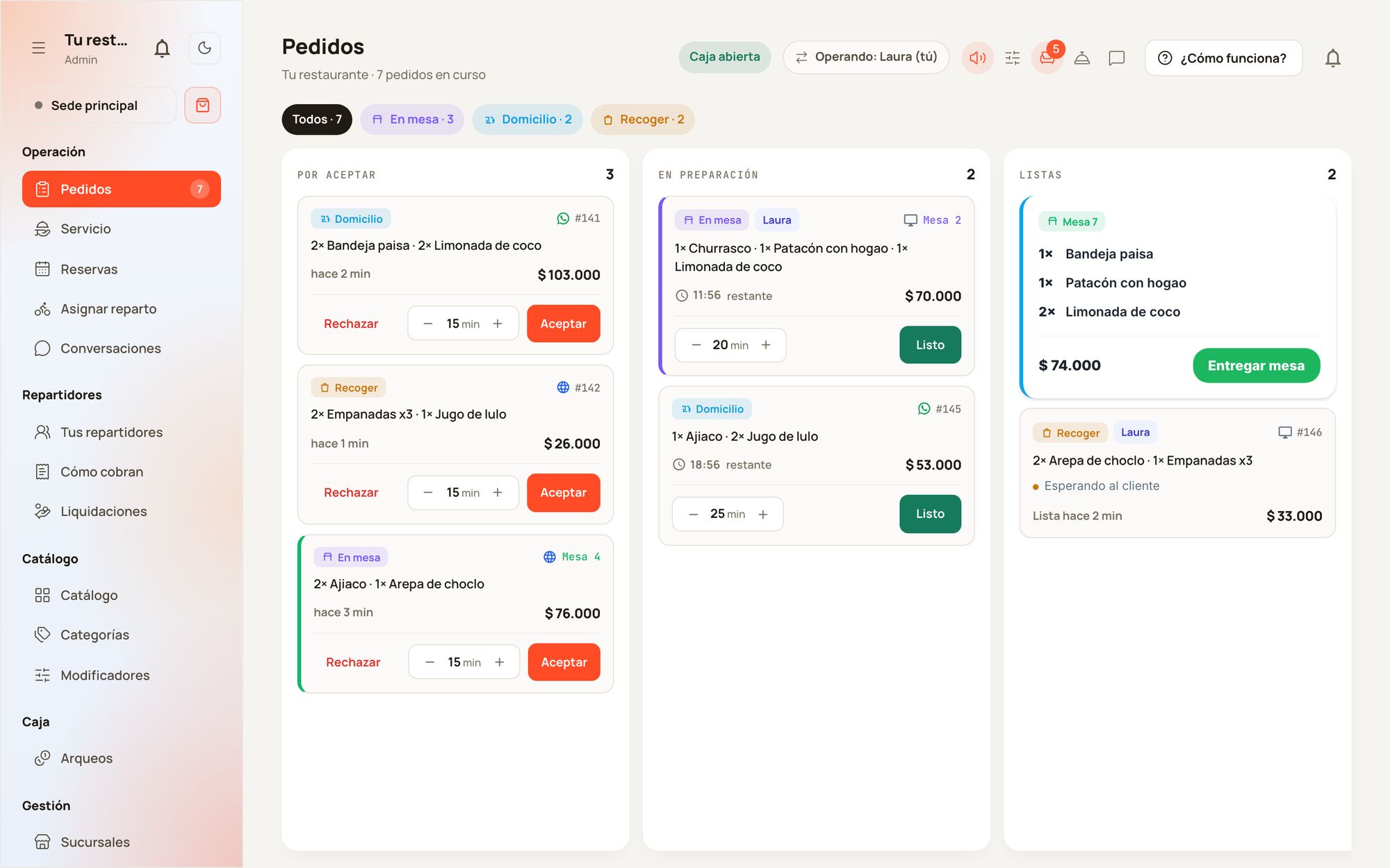 Panel de Twinnx: tablero de pedidos con las columnas Por aceptar, En preparación y Listas, y pedidos en mesa, a domicilio y para recoger
