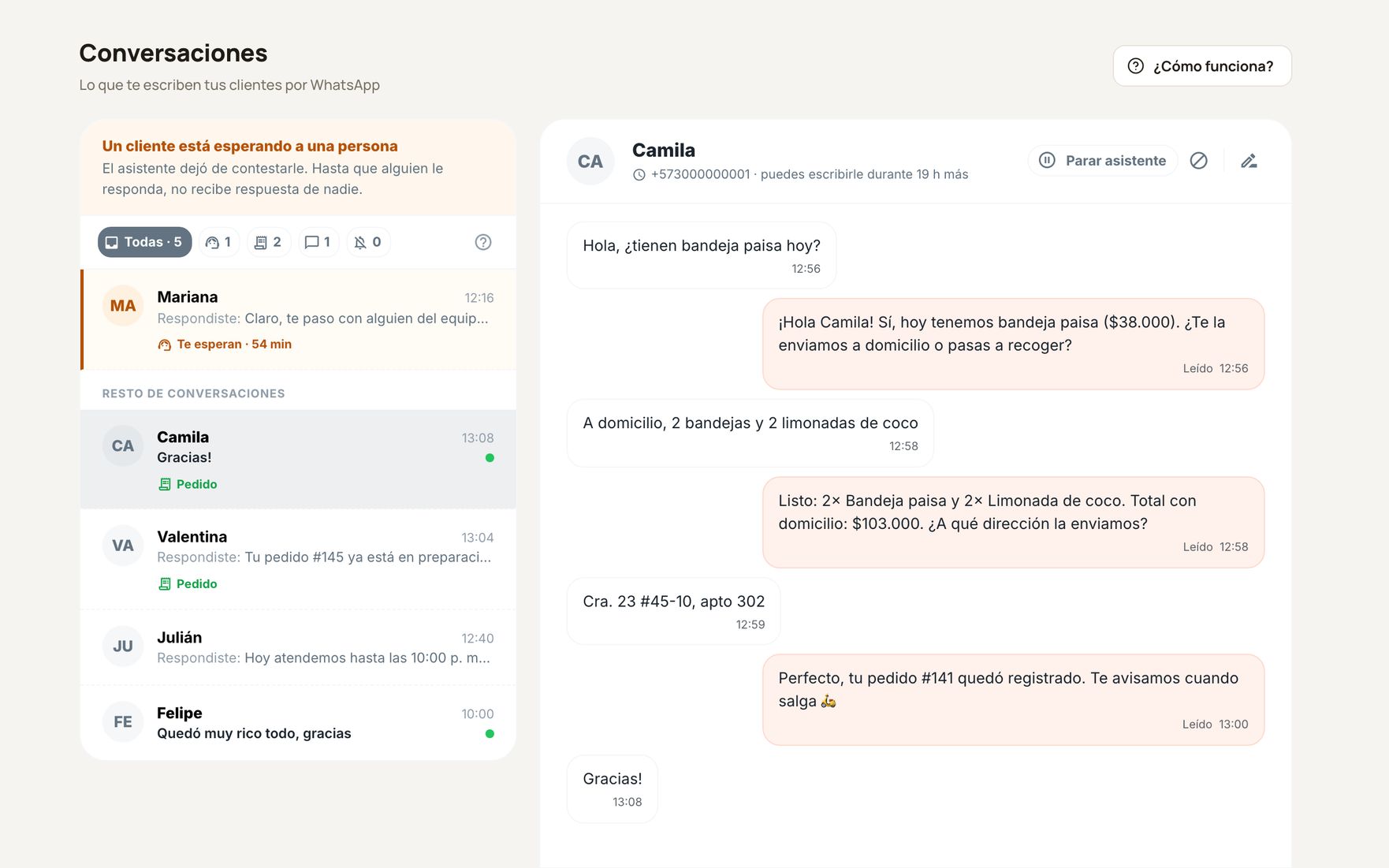 Panel de Twinnx: conversación de WhatsApp en la que el asistente toma un pedido a domicilio y lo deja registrado