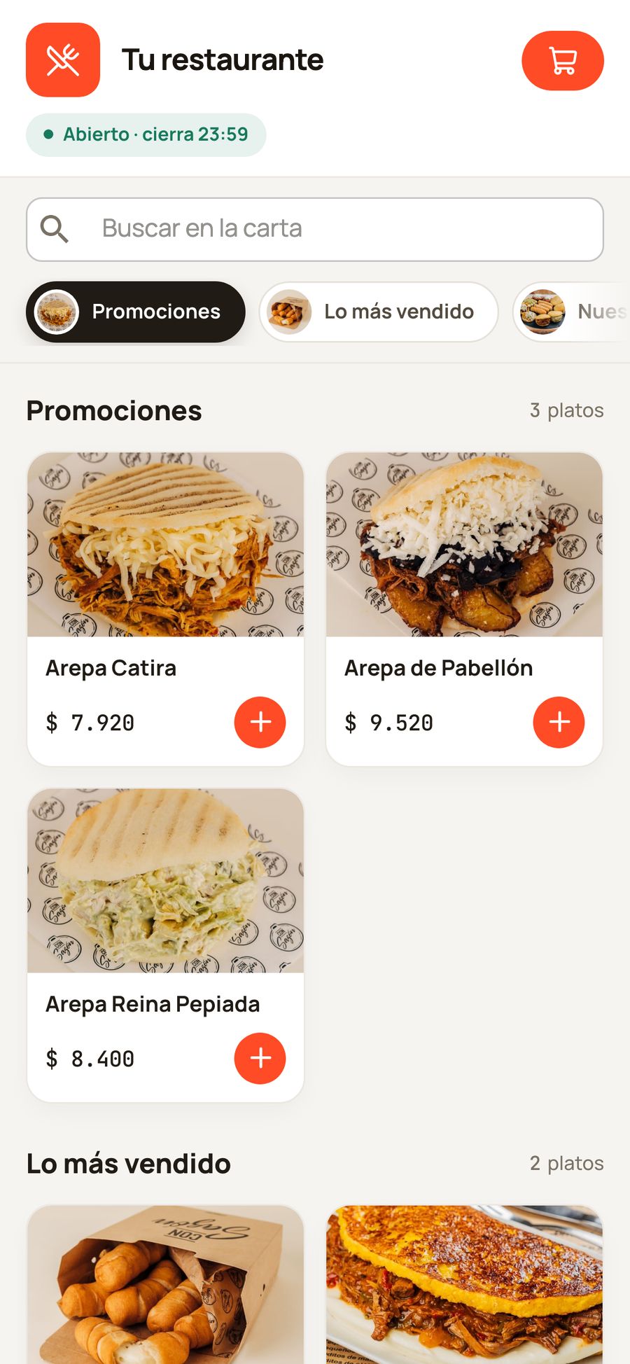Tienda online de un restaurante hecha con Twinnx: carta con fotos, categorías y buscador, abierta hasta las 23:59
