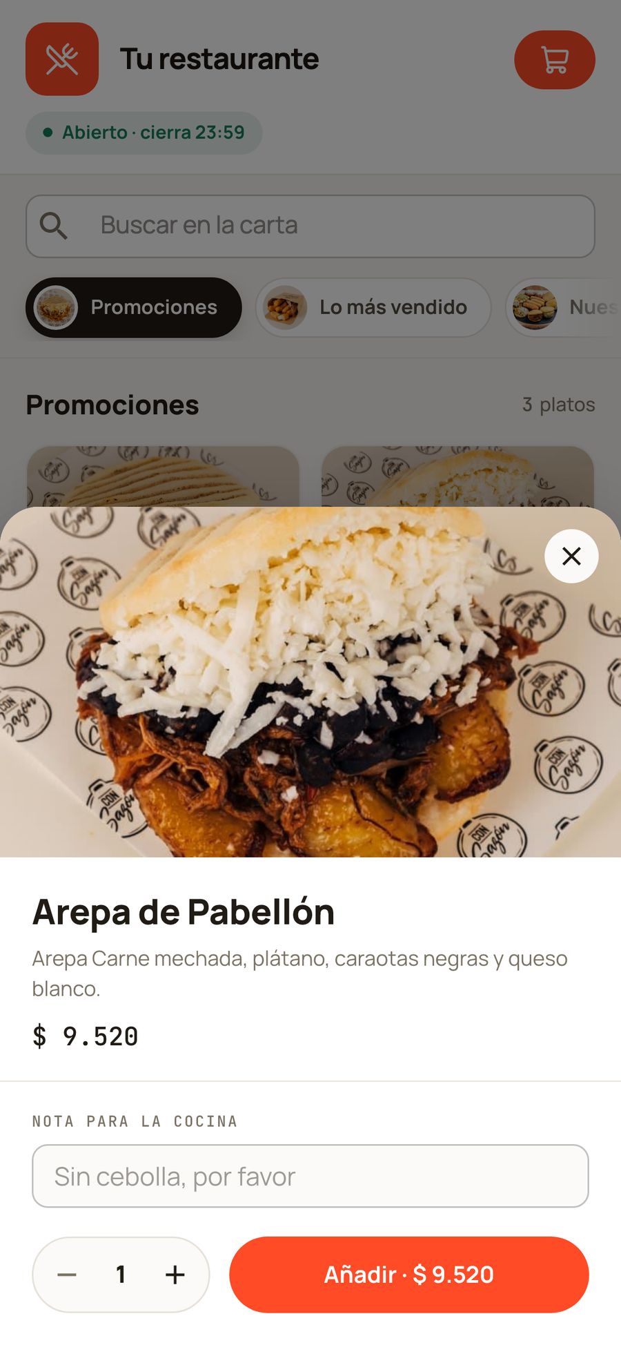 Tienda online de un restaurante hecha con Twinnx: ficha de un plato con nota para la cocina y el botón Añadir