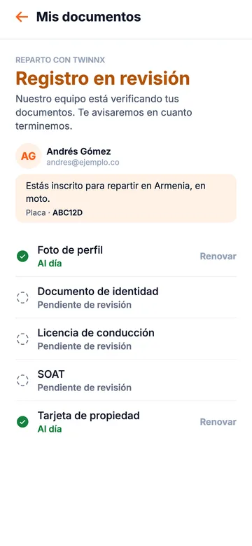 App Twinnx Drive, Mis documentos: registro en revisión, con cada documento y su estado